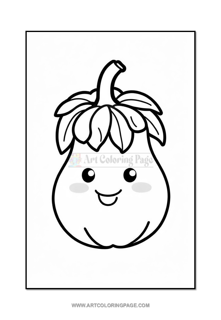 A cute cartoon-style pumpkin with a smiling face and big eyes, featuring leafy green vines on top. The design is outlined in black and set against a plain white background, making it ideal for coloring.