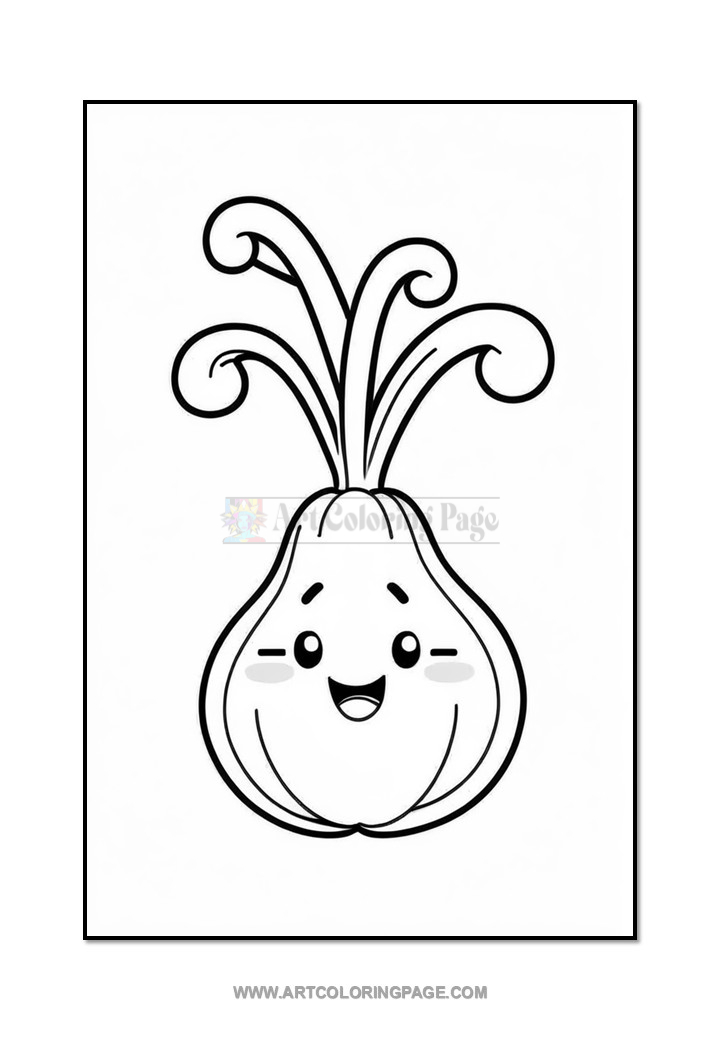 A cartoon-style onion with a smiling face and curvy green tops, designed for coloring purposes.