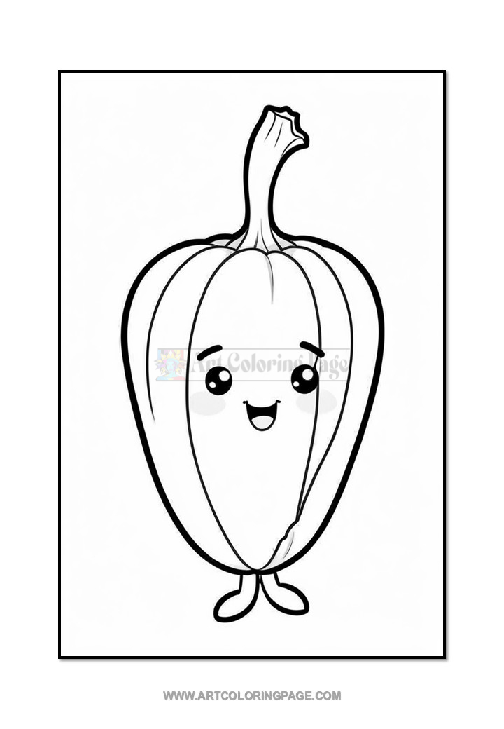A cartoon-style outline of a smiling bell pepper with arms and legs, featuring large eyes and a happy expression, suitable for coloring.