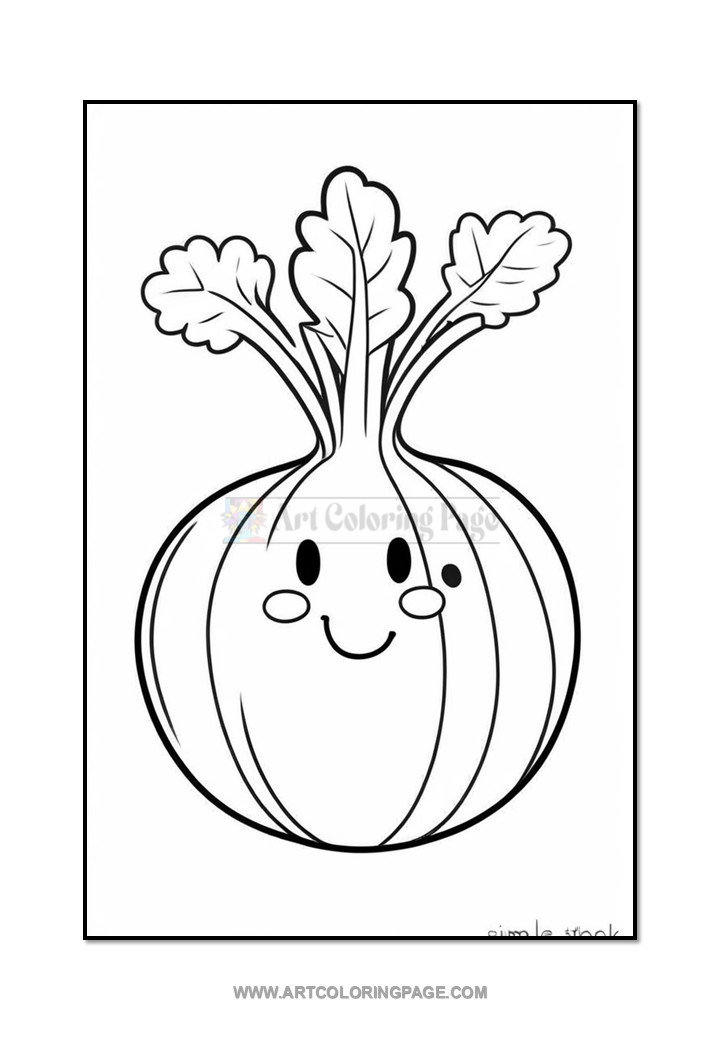 A cartoon-style outline illustration of a smiling vegetable with a round base and leafy green tops, designed for coloring.