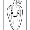 A cartoon-style outline of a smiling pumpkin with cartoon eyes and a small leaf on top, suitable for coloring activities.