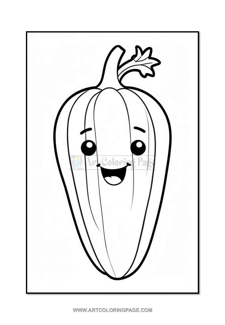 A cartoon-style outline of a smiling pumpkin with cartoon eyes and a small leaf on top, suitable for coloring activities.