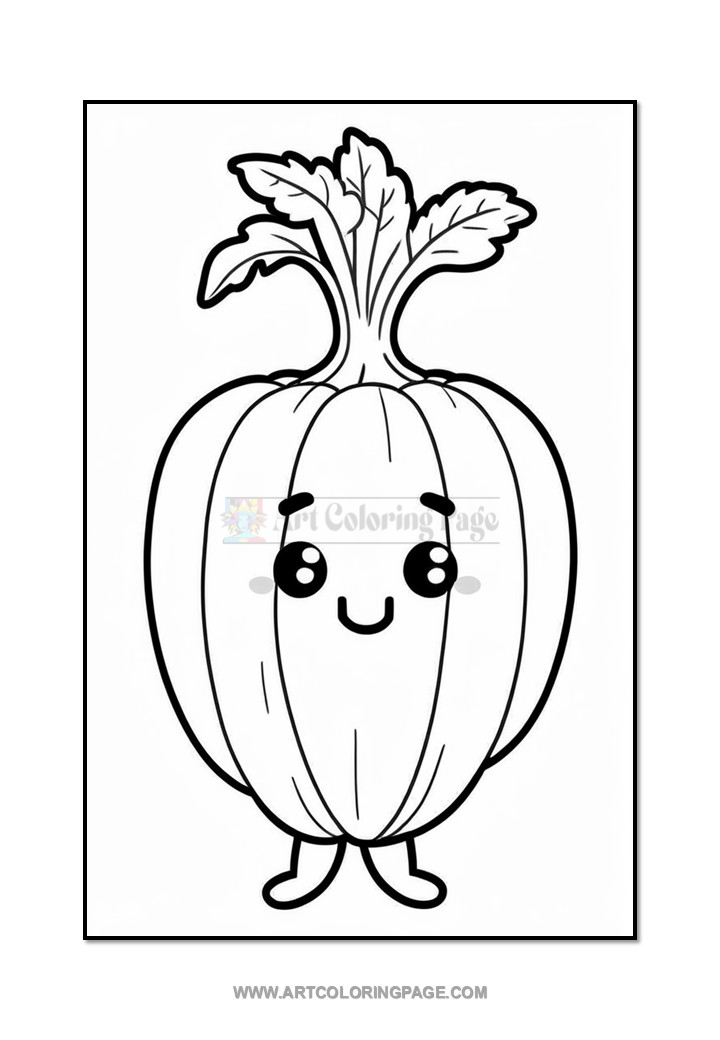 A cartoon-style pumpkin with a smiling face and large eyes, standing upright with small legs and leaf detail at the top.