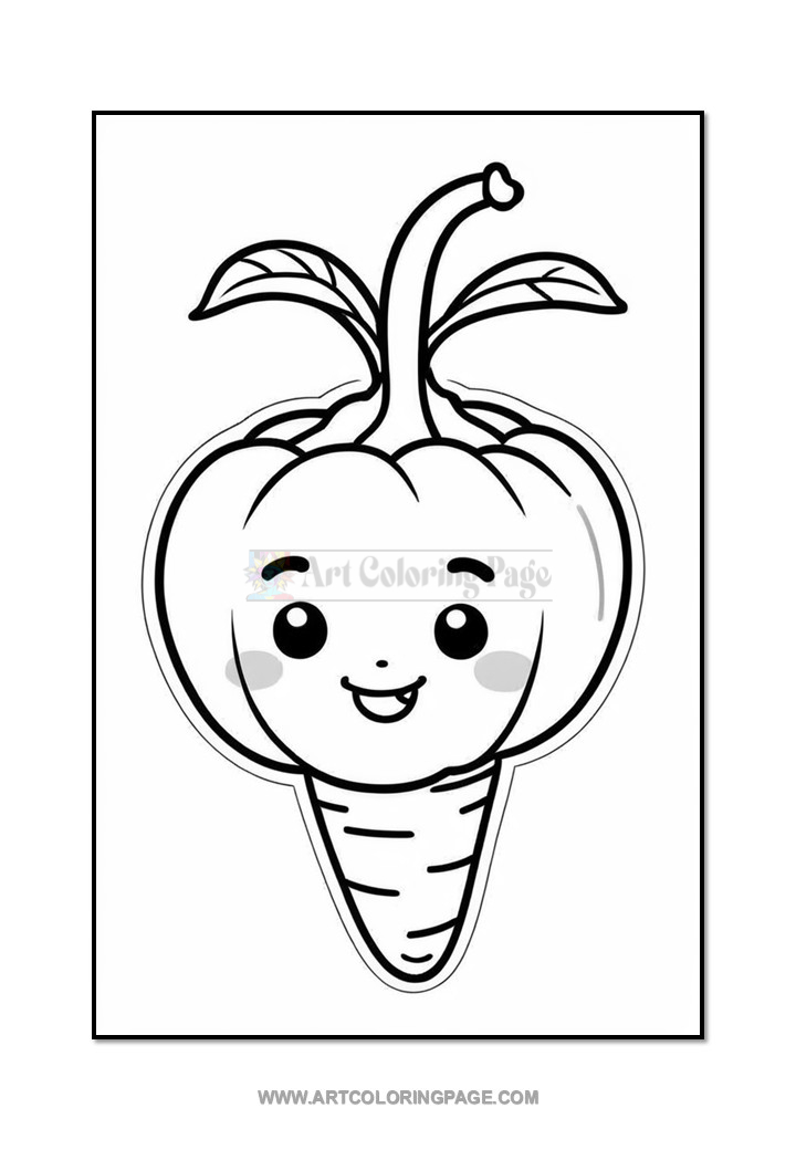A cartoon-style drawing of a smiling vegetable with a bulbous top and a tapered root, featuring large eyes and a cheerful expression, suitable for coloring.