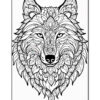 A detailed black and white coloring page featuring a stylized wolf's head adorned with intricate floral patterns and mandala designs, set against a plain white background.