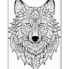 A black and white illustration of a stylized wolf's head, adorned with intricate patterns and floral designs. The wolf features prominent ears, almond-shaped eyes, and a decorative element on its forehead.