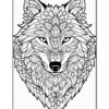 A detailed black and white illustration of a wolf's head, intricately designed with floral patterns and mandala-like elements, featuring piercing eyes and a distinctive snout.