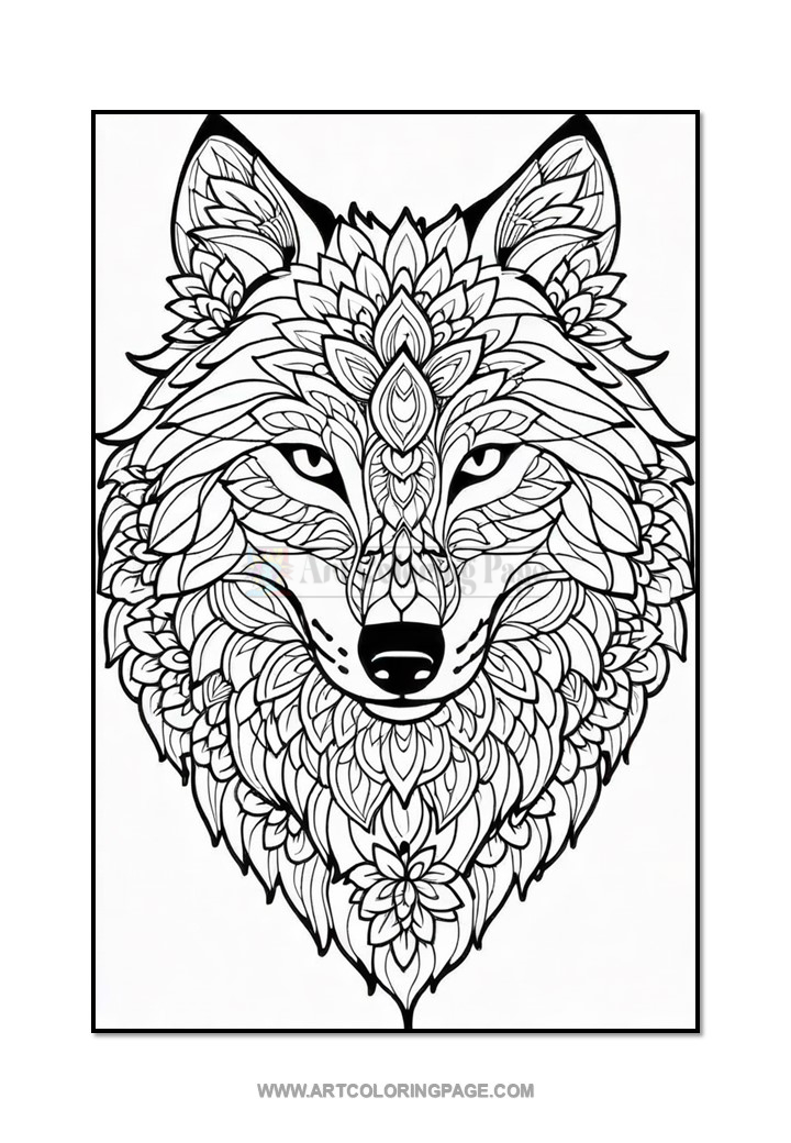A detailed black and white illustration of a wolf's head, intricately designed with floral patterns and mandala-like elements, featuring piercing eyes and a distinctive snout.