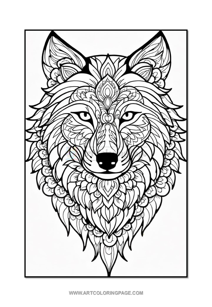 A detailed black and white illustration of a wolf's face surrounded by intricate floral patterns and decorative elements, set against a plain background.