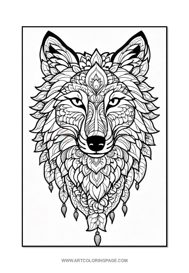 A detailed black and white illustration of a wolf's face, featuring intricate patterns and mandala-like designs within its fur and around its face, including decorative elements hanging from the bottom.