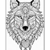 An intricate line art illustration of a wolf's head with stylized features, including floral patterns surrounding the face and ornate designs throughout the mane.