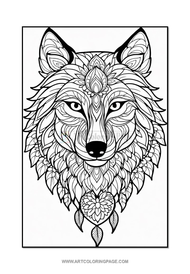 An intricate line art illustration of a wolf's head with stylized features, including floral patterns surrounding the face and ornate designs throughout the mane.