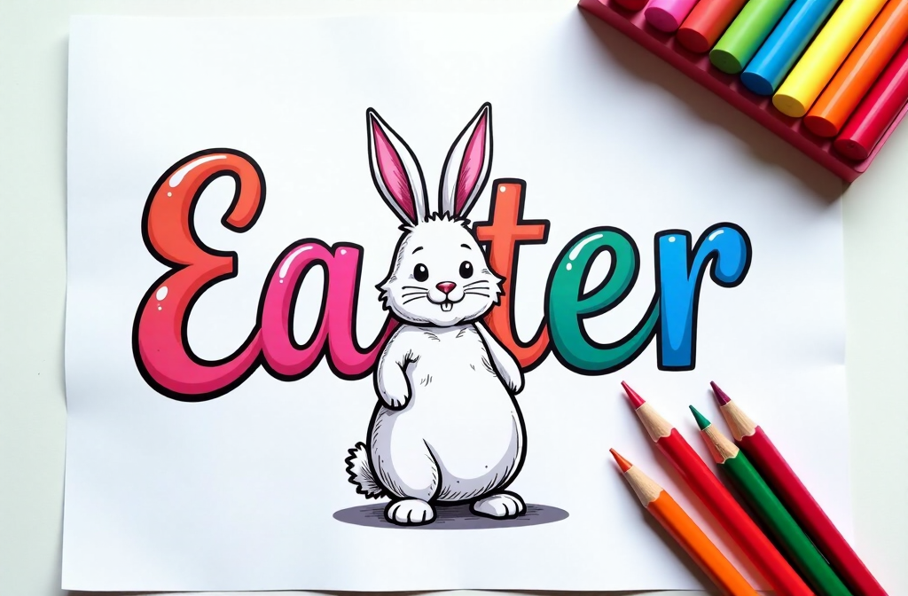 A colorful 'Easter' greeting card featuring a cute cartoon bunny with large ears, standing next to the letters in pink and blue gradient, surrounded by markers and colored pencils.