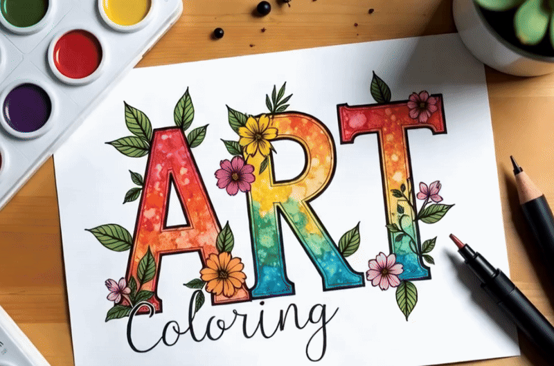 A colorful hand-drawn design with the word 'ART' surrounded by flowers and leaves, alongside art supplies including a watercolor palette, colored pencils, and pens on a wooden table.