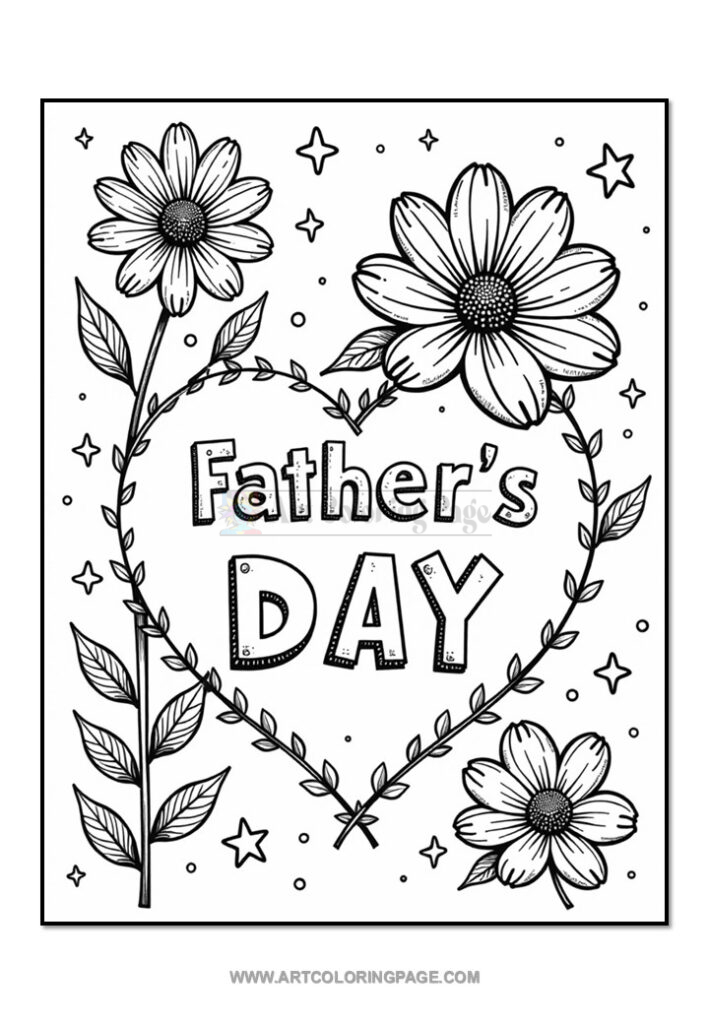 A black and white coloring page featuring the text 'Father's Day' surrounded by a heart made of floral designs, featuring large flowers and leaves, along with small stars scattered around.