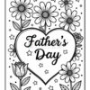 A coloring page featuring the words 'Father's Day' inside a heart, surrounded by flowers, leaves, and stars in a black and white outline style.