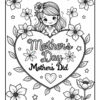 A black and white coloring page featuring a girl peeking over a heart shape surrounded by flowers, with the text 'Mother's Day Mother's Did' prominently displayed within the heart.
