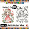 A colorful cover for a Mother's Day coloring book featuring two illustrated pages: one with a girl in a pink dress holding flowers and a second in black and white outline style with a similar theme. The title reads 'Mother's Day' prominently along with the text '100 Pages' and 'Vol. 1 Happy Mother's Day.' The background is decorated with a border of colored pencils.