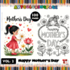 A vibrant cover for a Mother's Day coloring book featuring two illustrations: a young girl with a flower in a garden on the left and a cheerful design with 'happy MOTHER'S DAY' adorned with flowers on the right. The background is decorated with colorful pencils and the title prominently displayed above.