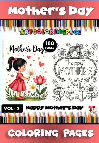 A vibrant cover for a Mother's Day coloring book featuring two illustrations: a young girl with a flower in a garden on the left and a cheerful design with 'happy MOTHER'S DAY' adorned with flowers on the right. The background is decorated with colorful pencils and the title prominently displayed above.