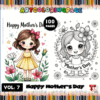 A colorful cover for a Mother's Day coloring book featuring two illustrations of young girls. The left illustration shows a girl with brown hair in a yellow dress holding a flower, while the right is a black and white outline drawing of a girl with flowers in her hair. The title 'Happy Mother's Day' appears above each drawing and there are colored pencil graphics framing the cover.