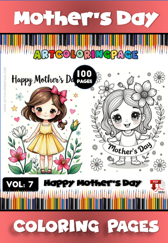 A colorful cover for a Mother's Day coloring book featuring two illustrations of young girls. The left illustration shows a girl with brown hair in a yellow dress holding a flower, while the right is a black and white outline drawing of a girl with flowers in her hair. The title 'Happy Mother's Day' appears above each drawing and there are colored pencil graphics framing the cover.