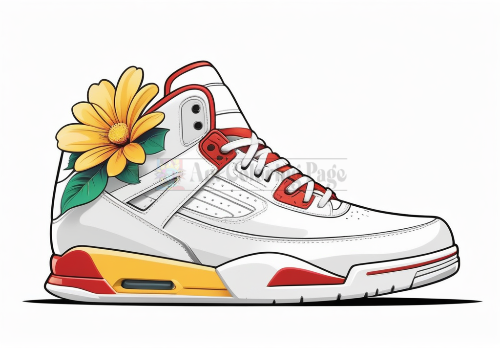 A stylized illustration of a high-top sneaker with a predominantly white upper and red accents, featuring a large yellow flower and green leaves on the side.