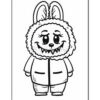 A cartoon character resembling a rabbit, dressed in a fluffy coat with large ears and a smiling face, showing jagged teeth. The character has a playful and friendly appearance, with a round body and small hands.