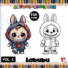A cover page for a coloring book titled 'Labubu', featuring two cartoon characters. On the left, a character with rabbit ears, wearing a red hoodie and grinning with sharp teeth. On the right, the same character in a line drawing style, waiting to be colored. The background includes colorful pencils and text indicating it's Volume 2 with 100 pages.