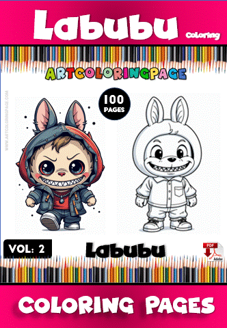 A cover page for a coloring book titled 'Labubu', featuring two cartoon characters. On the left, a character with rabbit ears, wearing a red hoodie and grinning with sharp teeth. On the right, the same character in a line drawing style, waiting to be colored. The background includes colorful pencils and text indicating it's Volume 2 with 100 pages.