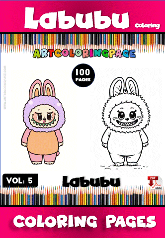 A promotional coloring page featuring Labubu, a character with a fluffy, colorful outfit resembling a bunny, displayed in two styles: a colored version on the left and an outlined version on the right for coloring. The background features colorful crayons and the text 'Labubu Coloring Vol. 5' along with '100 Pages'.