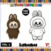 Coloring page featuring Labubu, a character illustrated in both brown and white versions, framed by colorful pencil graphics.