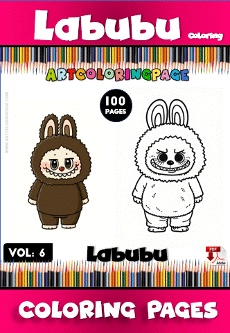 Coloring page featuring Labubu, a character illustrated in both brown and white versions, framed by colorful pencil graphics.