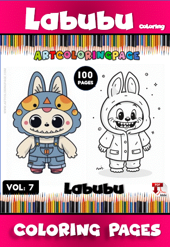 A colorful cover page for a coloring book titled 'Labubu Coloring' featuring two cartoon characters: one wearing a blue and gray costume with a triangular hat and the other dressed as a bunny in a white outfit. The text includes 'VOL. 7' and '100 PAGES' in bright, playful fonts.