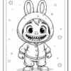A cartoon character of a young child wearing a hooded outfit with bunny ears and a broad, toothy grin featuring sharp teeth, set against a simple background with stars and clouds.