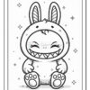 A cute cartoon character wearing a bunny costume with large floppy ears, a mischievous grin showing sharp teeth, and round paw-like hands and feet, seated against a background of stars.