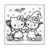 Two cartoon cats in Halloween costumes, one wearing a witch hat and holding a pumpkin, the other holding a broomstick, surrounded by stars and a bat in the background.