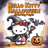 Hello Kitty in a witch hat stands with a broom, a bat hovering above and a pumpkin beside her, illustrated for a Halloween coloring book.