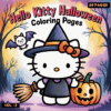 Hello Kitty dressed as a witch with a bat and pumpkin, featured in a cozy coloring book. 50 pages available at artcoloringpage.com.