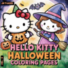 Hello Kitty and a girl in Halloween costumes, standing among pumpkins, with a bat flying overhead, featuring the text 