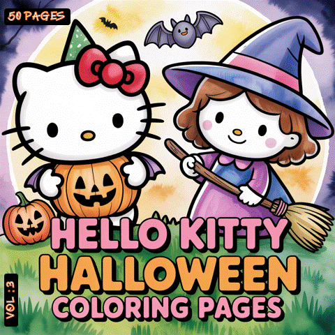 Hello Kitty and a girl in Halloween costumes, standing among pumpkins, with a bat flying overhead, featuring the text "Hello Kitty Halloween Coloring Pages."