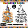 A colorful cover featuring a whimsical autumn-themed house with pumpkins and a spooky vibe, alongside a black-and-white coloring page design.