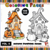 Coloring page featuring two whimsical houses, one with pumpkins and a smiling jack-o'-lantern, labeled
