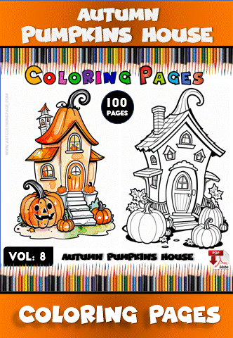 Coloring page featuring two whimsical houses, one with pumpkins and a smiling jack-o'-lantern, labeled "Autumn Pumpkins House."