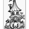 A whimsical, spooky house with a tall, pointed roof is surrounded by three large, grinning pumpkins.