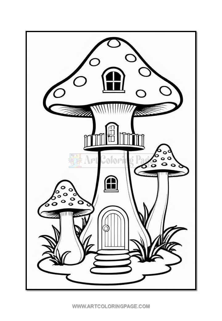 A whimsical illustration of a mushroom house surrounded by smaller mushrooms and grass.