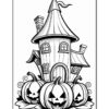 A whimsical haunted house surrounded by three jack-o'-lanterns and leaves, designed for coloring.