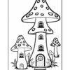 A whimsical coloring page featuring three large mushroom houses with polka dots, surrounded by grass and flowers.