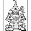 A whimsical, cartoon-style haunted house with a pointed roof, a round door, and decorated with pumpkins and vines.