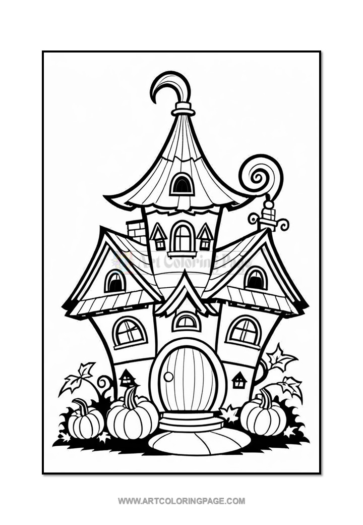 A whimsical, cartoon-style haunted house with a pointed roof, a round door, and decorated with pumpkins and vines.